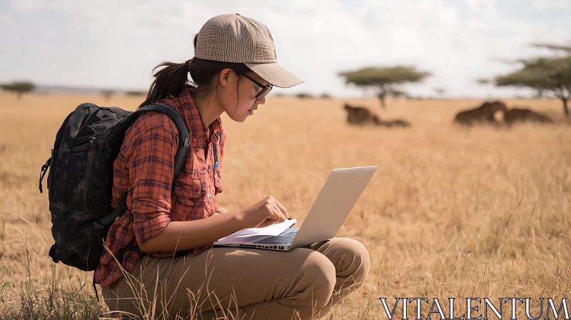 Woman Working on Laptop in the Field AI Image