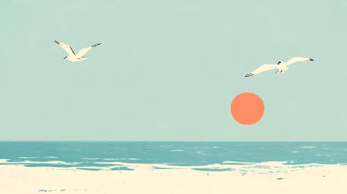 Minimalist Seagull Sunset Seascape