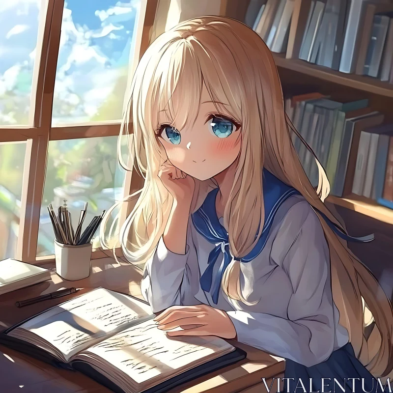 Thoughtful Anime Girl at Desk AI Image