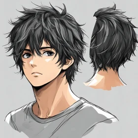 Anime Boy Portrait with Messy Black Hair