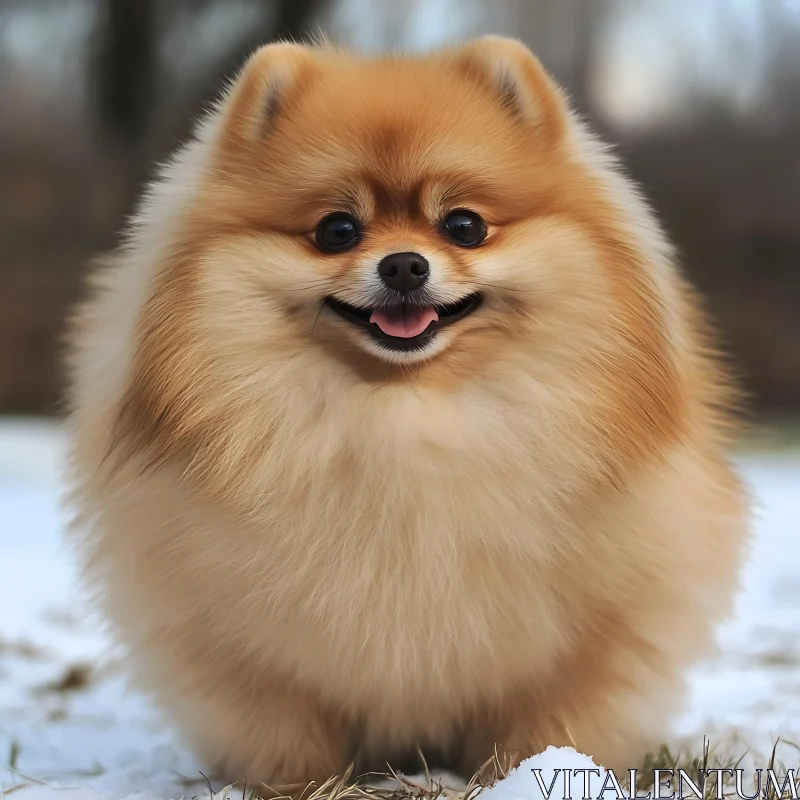 Adorable Smiling Pomeranian in Winter Landscape AI Image