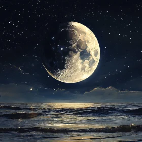 Ocean at Night with Moon and Stars