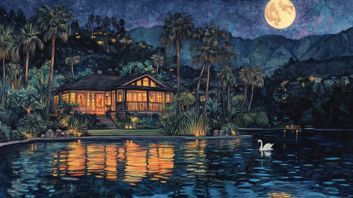 Serene Night Scene with Full Moon and Lake