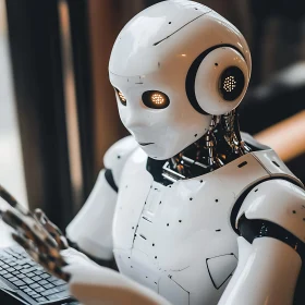 Futuristic Robot Working on Computer