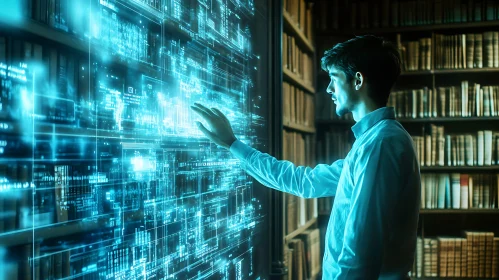 Man Interacting with Glowing Tech