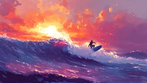 Ocean Wave Sunset Surfing Artwork