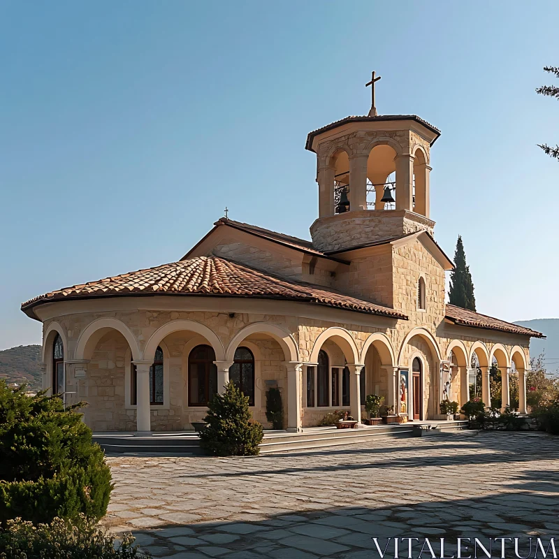 Serene Stone Church with Bell Tower AI Image