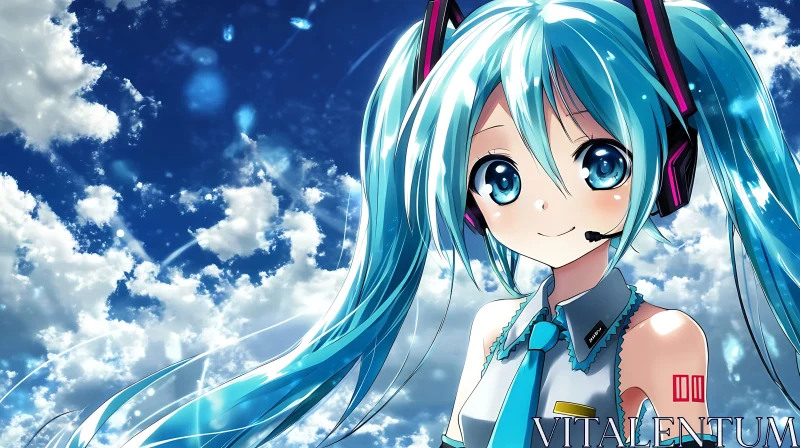 Anime Character with Headphones and Blue Eyes AI Image