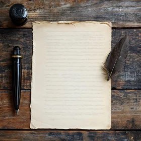 Antique Writing Tools on Wooden Table