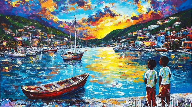 Sunset Harbor Reflection Art AI Image