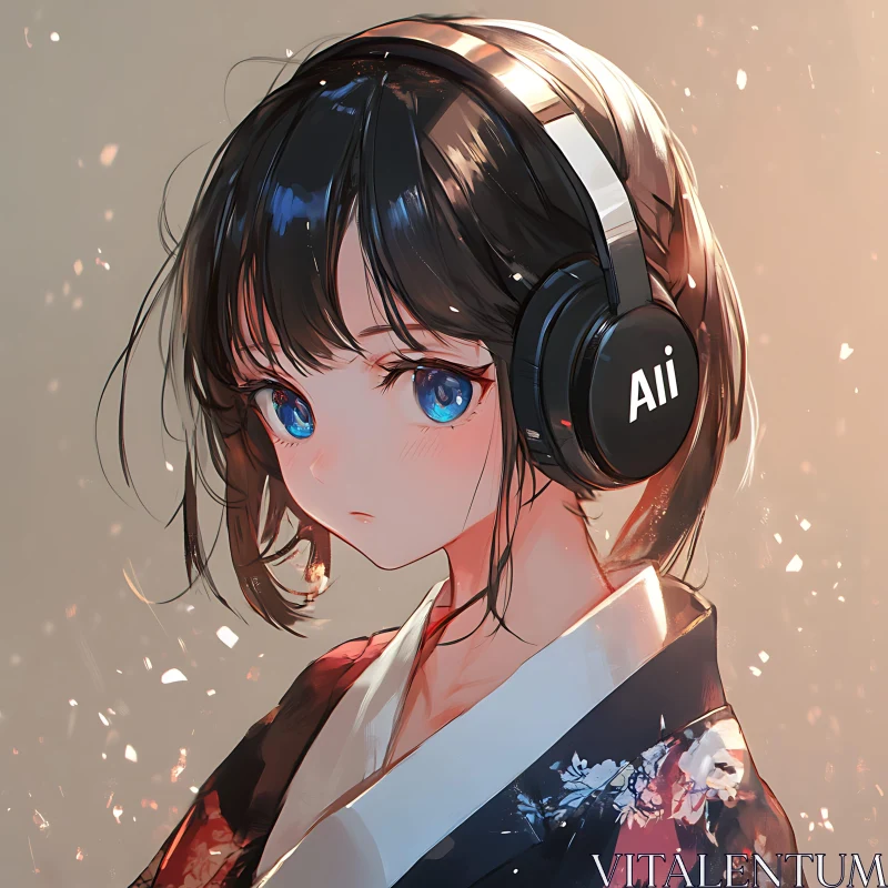 AI ART Anime Girl Wearing Headphones and Kimono - Digital Artwork