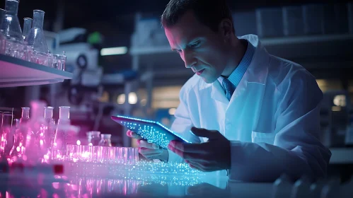 Lab Scientist with Glowing Tablet