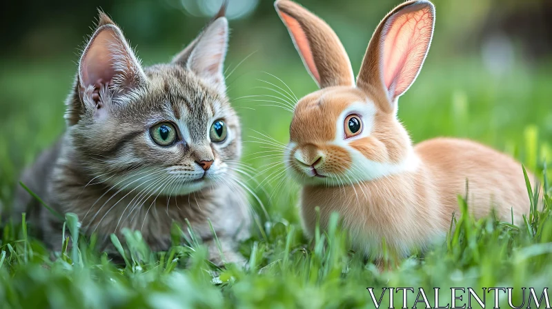 Playful Kitten and Bunny in Green Meadow AI Image