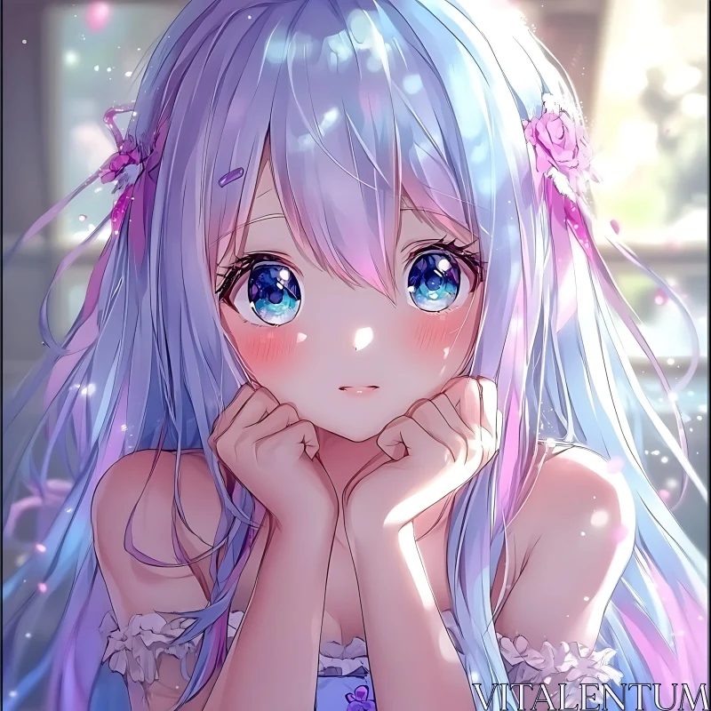 Innocent Anime Girl with Blue Hair AI Image