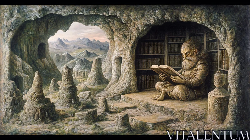 Ancient Scholar in Secluded Stone Library AI Image