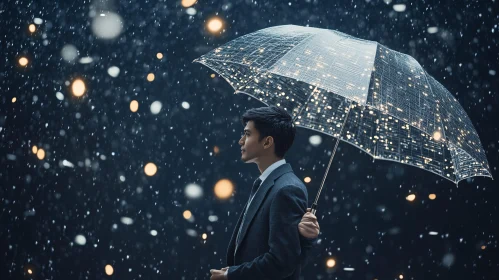 Man in Suit Under Illuminated Umbrella