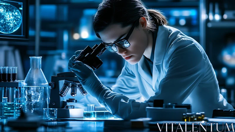 Female Scientist Using Microscope for Research AI Image