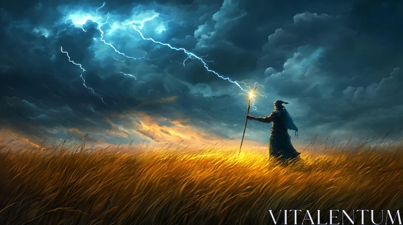 Golden Field Wizard Lightning Strike AI Image