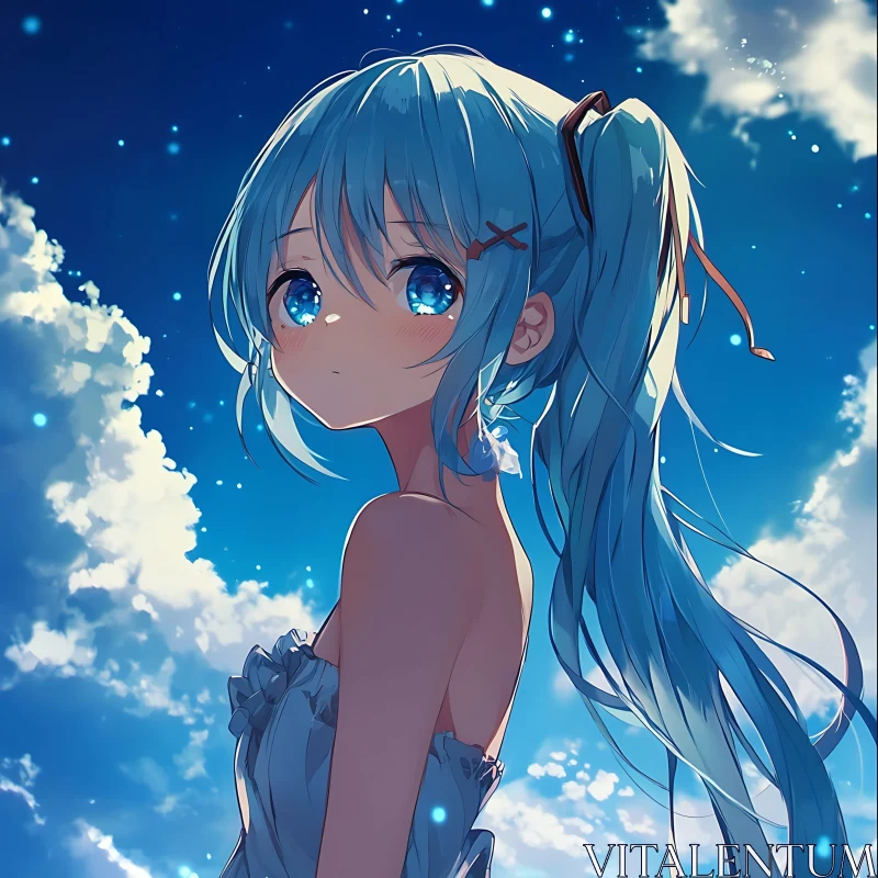 Blue-Haired Anime Girl Under Summer Sky AI Image