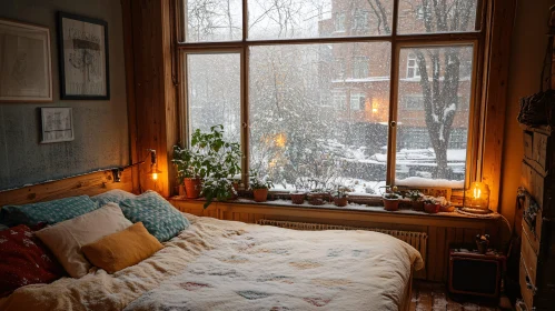 Warm Winter Interior with Snowfall Outside