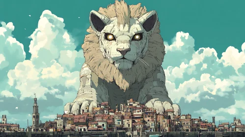 Monumental Lion Statue and Cityscape