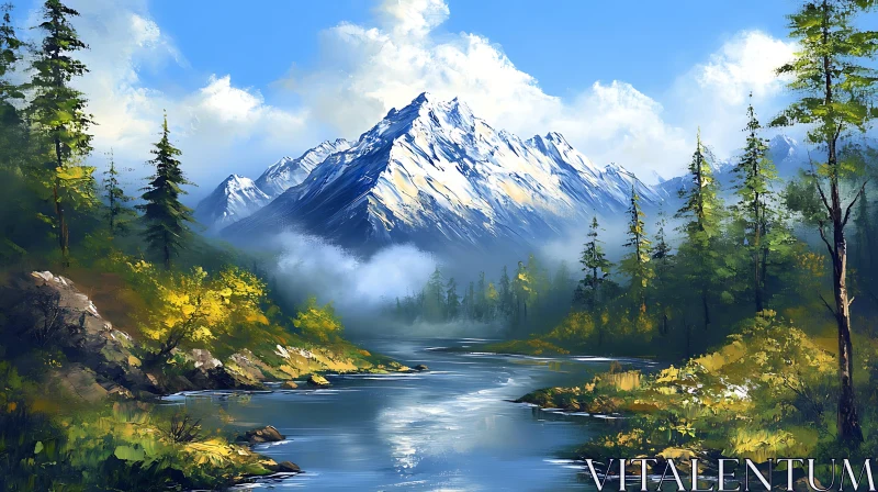 AI ART Snowy Mountain and River Scenery