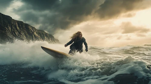 Ocean Surfing Adventure Under Cloudy Sky