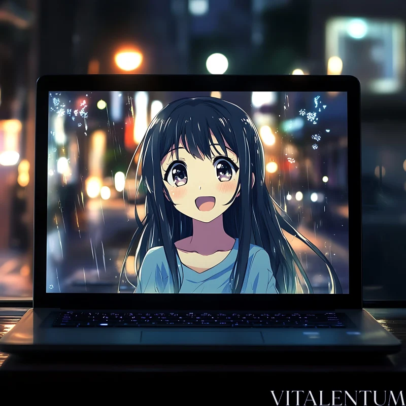 Anime Girl on Laptop with Rainy City Background AI Image