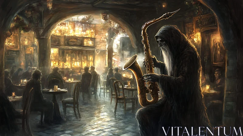 AI ART Hooded Figure Plays Saxophone in Restaurant