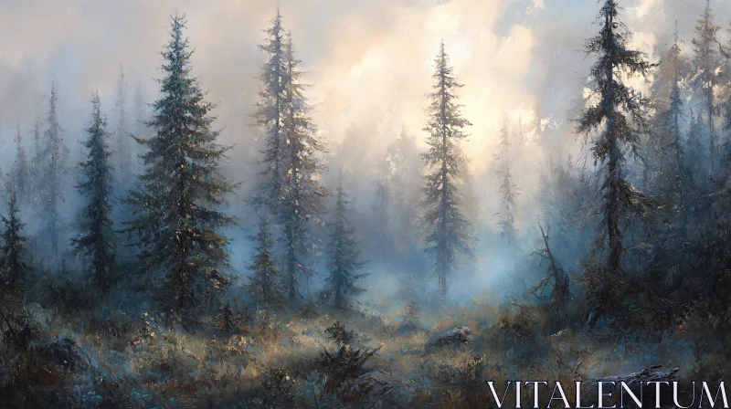 AI ART Misty Forest Scene with Tall Trees