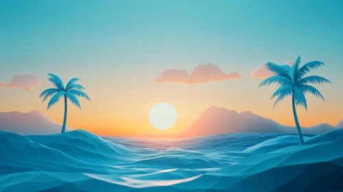 Stylized Ocean Sunset with Palms