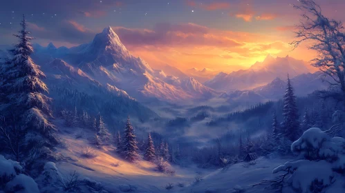 Snowy Mountains at Sunset