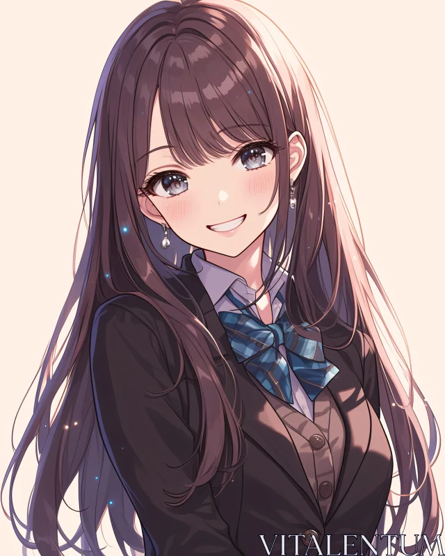 Smiling Anime Girl with Long Hair and School Uniform AI Image