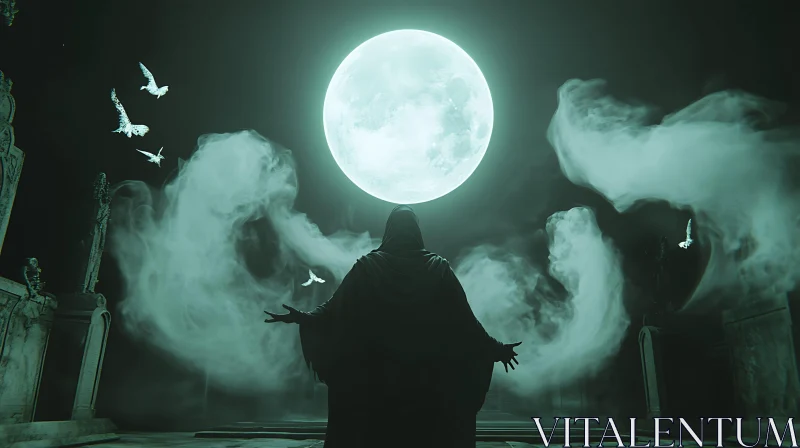 Mystical Night Scene with Hooded Character AI Image