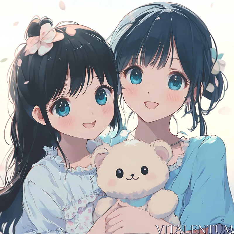 Sweet Anime Sisters with Fluffy Teddy Bear AI Image