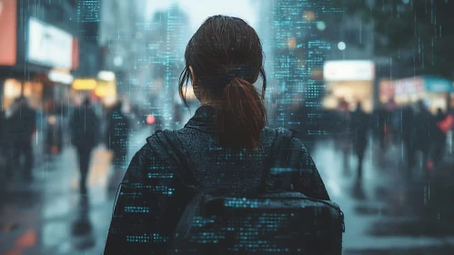 Woman Walking in Rainy City Street