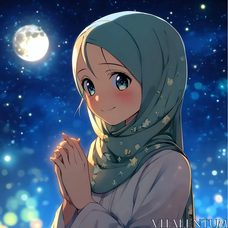 Anime Girl in Hijab Under Moonlit Sky AI Image