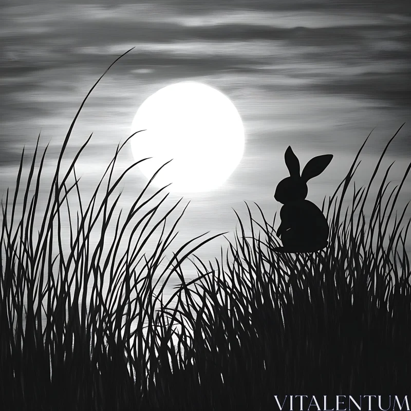 Monochrome Rabbit in Field at Night AI Image