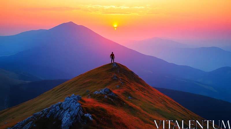 AI ART Silhouette on Mountain at Sunset