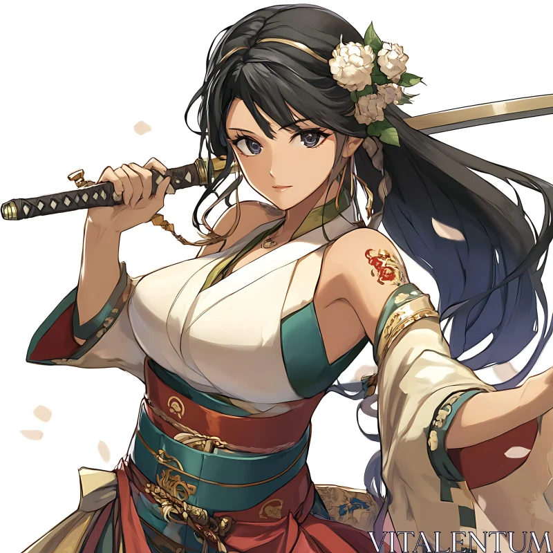 Traditional Anime Samurai with Sword and Tattoo AI Image