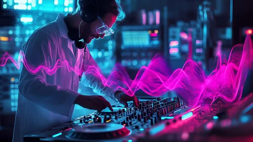 DJ Mixing Music with Neon Sound Waves