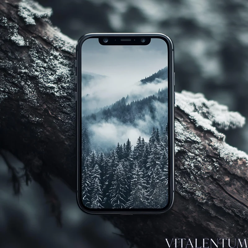 AI ART Winter Forest in Mist on Smartphone Display