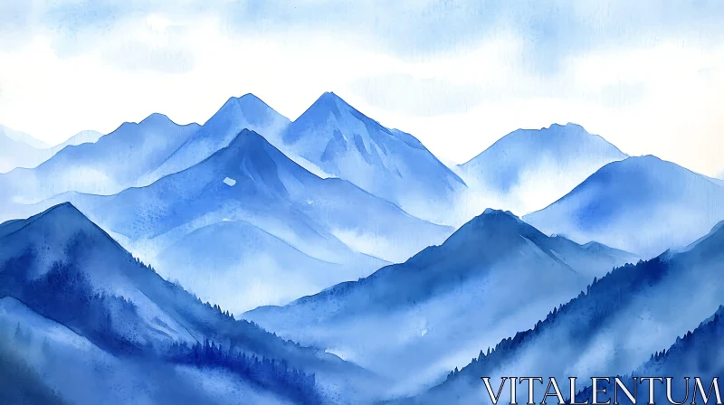 Serene Blue Mountain Landscape Art AI Image