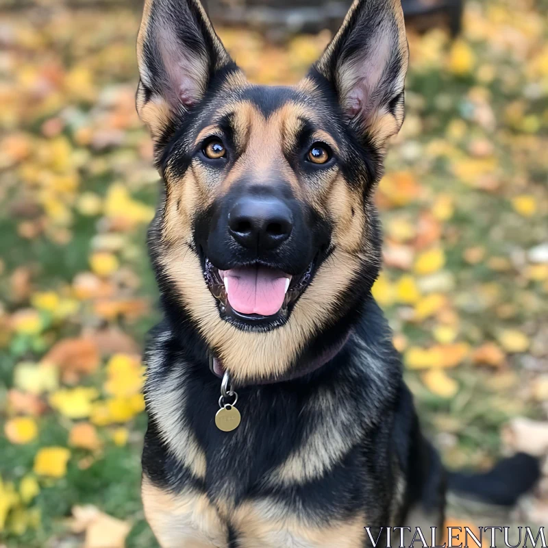 Happy German Shepherd Surrounded by Fall Foliage AI Image