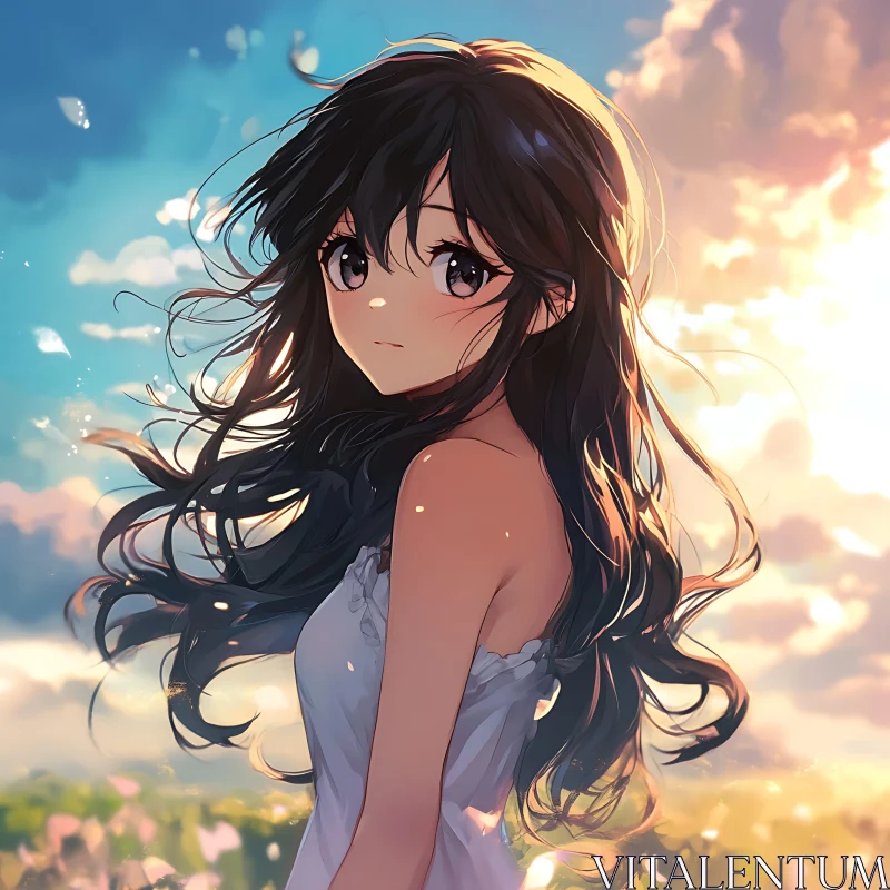 Tranquil Anime Girl in Pastel Sunset Scene AI Image