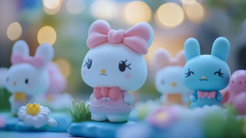 Pastel Bunny Figurines with Bokeh Background