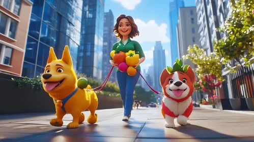 Animated City Walk with Happy Woman and Dogs