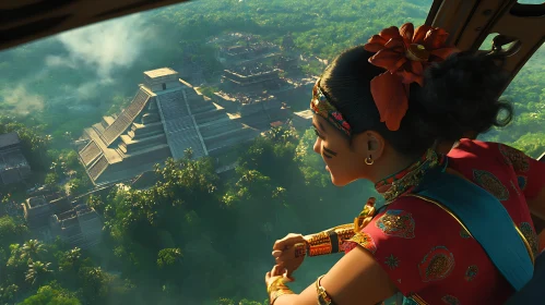 Woman Overlooking Ancient Mayan Pyramid