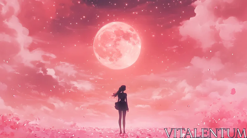 AI ART Anime Girl and Pink Full Moon Sky