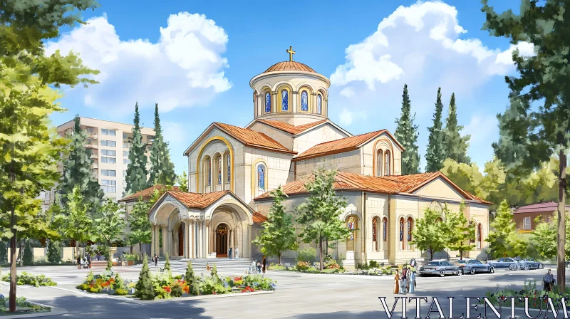 AI ART Serene Church with Lush Gardens in Summer